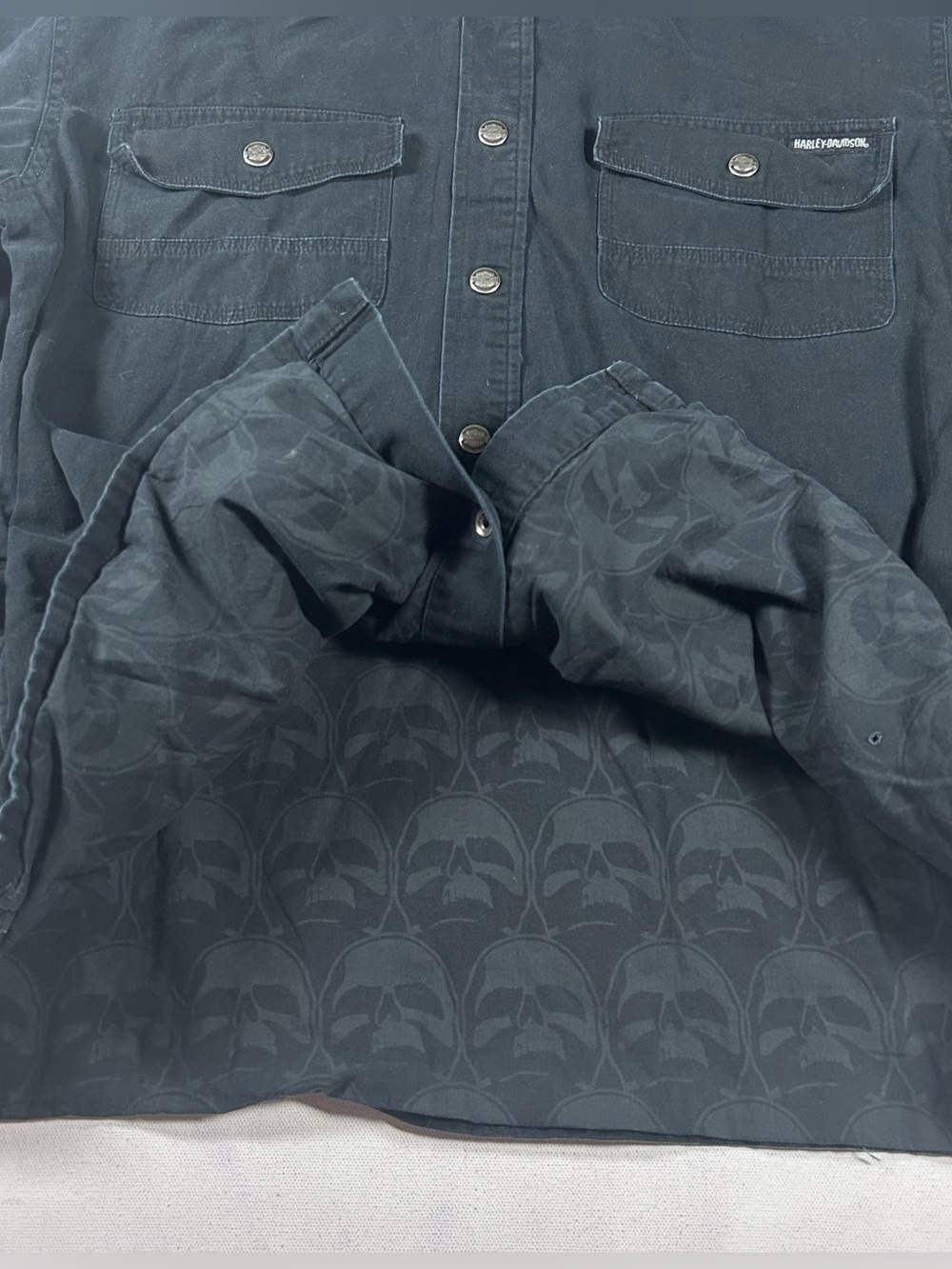 Harley Davidson Black Denim Shirt Mens XL Button Up Skull Double Lined Embroider